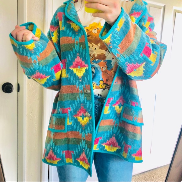 Vintage Jackets & Blazers - Vintage 80s Boho Southwestern Blanket Coat